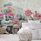 Miniatura fototapety Kwiaty lotosu i zielone liście we wnętrzu sypialni