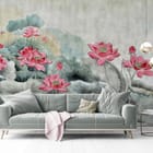 Miniatura fototapety Kwiaty lotosu i zielone liście we wnętrzu salonu