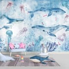 Miniatura fototapety Wieloryby i meduzy w oceanie we wnętrzu pokoju dziecka
