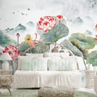 Miniatura fototapety Kwiaty lotosu na tle gór we wnętrzu sypialni