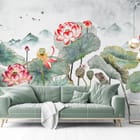 Miniatura fototapety Kwiaty lotosu na tle gór we wnętrzu salonu