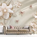 Miniatura fototapety Białe kwiaty z liśćmi i złotymi akcentami we wnętrzu salonu