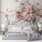 Miniatura fototapety Różowe kwiaty sakury z liśćmi we wnętrzu sypialni