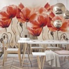 Miniatura fototapety Czerwone maki na jasnym tle we wnętrzu kuchni