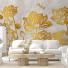 Miniatura fototapety Złote Lotosy na Szarym Tle we wnętrzu salonu