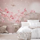 Miniatura fototapety Sakura i Góry nad Wodą we wnętrzu sypialni