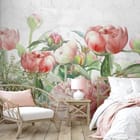 Miniatura fototapety Kwiaty piwonii w odcieniach różu we wnętrzu sypialni