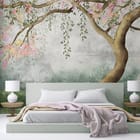 Miniatura fototapety Sakura z kwitnącymi gałęziami we wnętrzu sypialni