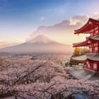 Miniatura fototapety Czerwona pagoda i góra w tle