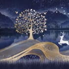 Miniatura fototapety Złote drzewo nad jeziorem nocą