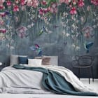 Miniatura fototapety Egzotyczne kwiaty i kolibry we wnętrzu sypialni