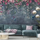 Miniatura fototapety Egzotyczne kwiaty i kolibry we wnętrzu salonu