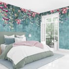 Miniatura fototapety Egzotyczne kwiaty na turkusowym tle we wnętrzu sypialni