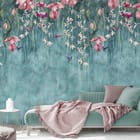 Miniatura fototapety Egzotyczne kwiaty na turkusowym tle we wnętrzu salonu