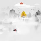 Miniatura fototapety Drzewo i Góry w Mglistym Krajobrazie