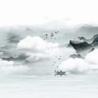 Miniatura fototapety Łódka na spokojnej wodzie z górami