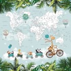 Miniatura fototapety Żyrafa na rowerze z mapą świata