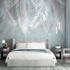 Miniatura fototapety Białe liście palmowe na szarym tle we wnętrzu sypialni