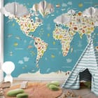 Miniatura fototapety Mapa świata z kontynentami dla dzieci we wnętrzu pokoju dziecka