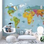 Miniatura fototapety Mapa świata dla dzieci z ilustracjami we wnętrzu pokoju dziecka