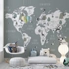 Miniatura fototapety Mapa świata dla dzieci z zwierzętami we wnętrzu pokoju dziecka