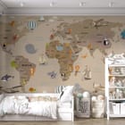 Miniatura fototapety Mapa świata z kontynentami i zwierzętami we wnętrzu pokoju dziecka