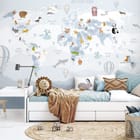 Miniatura fototapety Ilustrowana mapa świata z balonami we wnętrzu pokoju dziecka