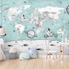 Miniatura fototapety Astronauci i mapa świata we wnętrzu pokoju dziecka