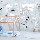 Miniatura fototapety Mapa świata z kosmicznymi zwierzętami we wnętrzu pokoju dziecka