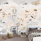 Miniatura fototapety Ilustrowana mapa świata z balonami we wnętrzu pokoju dziecka