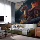 Miniatura fototapety Czerwony smok na tle gór we wnętrzu pokoju nastolatka