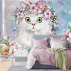 Miniatura fototapety Biały kot w pastelowych kwiatach we wnętrzu pokoju dziecka