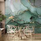 Miniatura fototapety Zielone wzory z złotymi akcentami we wnętrzu kuchni