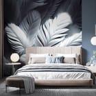 Miniatura fototapety Zbliżenie białych piór na ciemnym tle we wnętrzu sypialni