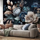 Miniatura fototapety Egzotyczne kwiaty na ciemnym tle we wnętrzu salonu