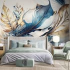 Miniatura fototapety Abstrakcyjne liście i pióra we wnętrzu sypialni