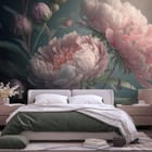 Miniatura fototapety Piwonie na ciemnym tle we wnętrzu sypialni