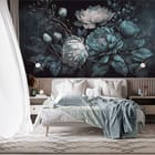 Miniatura fototapety Niebieskie piwonie na ciemnym tle we wnętrzu sypialni
