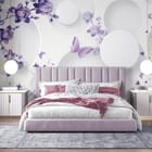 Miniatura fototapety Fioletowe Kwiaty i Białe Okręgi we wnętrzu sypialni