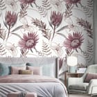 Miniatura fototapety Wzór z Kwiatami Protea i Liśćmi we wnętrzu sypialni