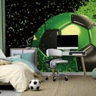 Miniatura fototapety Zielono-czarna piłka w ruchu we wnętrzu pokoju nastolatka