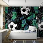 Miniatura fototapety Piłki nożne na geometrycznym tle we wnętrzu pokoju dziecka