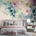 Miniatura fototapety Akwarelowe róże i liście we wnętrzu sypialni