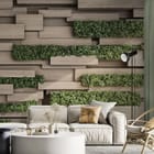 Miniatura fototapety Drewniane panele z roślinami we wnętrzu salonu