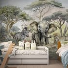 Miniatura fototapety Słonik i zebra na sawannie we wnętrzu pokoju dziecka