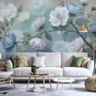 Miniatura fototapety Gałąź z Białymi i Niebieskimi Kwiatami we wnętrzu salonu