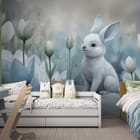 Miniatura fototapety Biały królik wśród kwiatów we wnętrzu pokoju dziecka