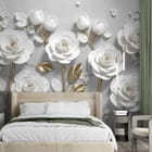 Miniatura fototapety Białe róże na złotych łodygach we wnętrzu sypialni