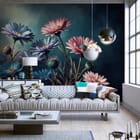 Miniatura fototapety Egzotyczne kwiaty na ciemnym tle we wnętrzu salonu