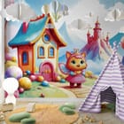 Miniatura fototapety Bajkowa postać i kolorowy domek we wnętrzu pokoju dziecka